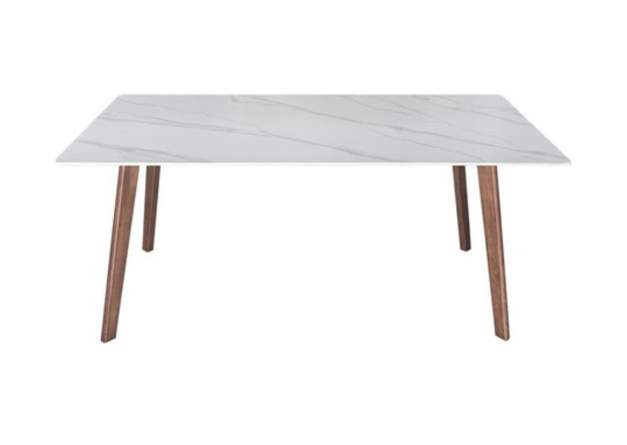Rectangular table with white marble-like top and wooden legs on a white background