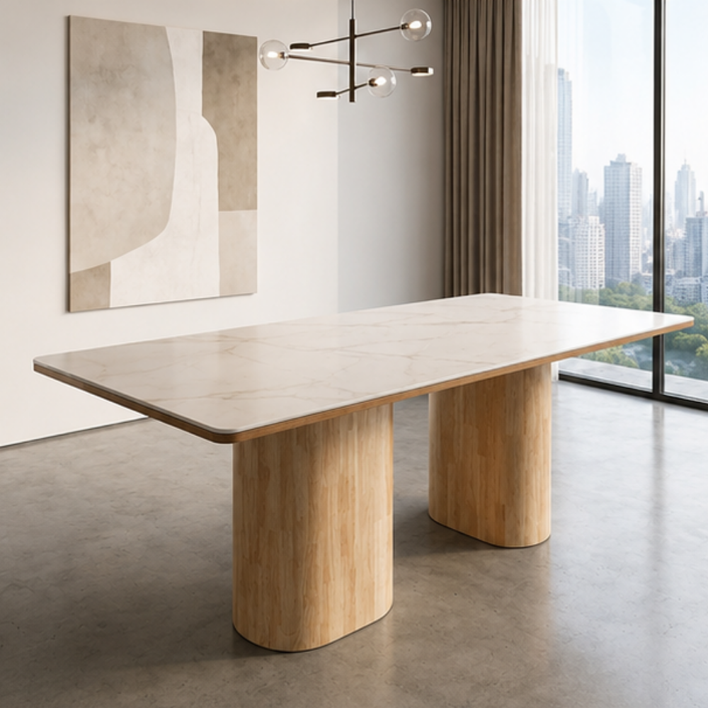 Modern wooden dining table in a room with large windows and abstract art on the wall.