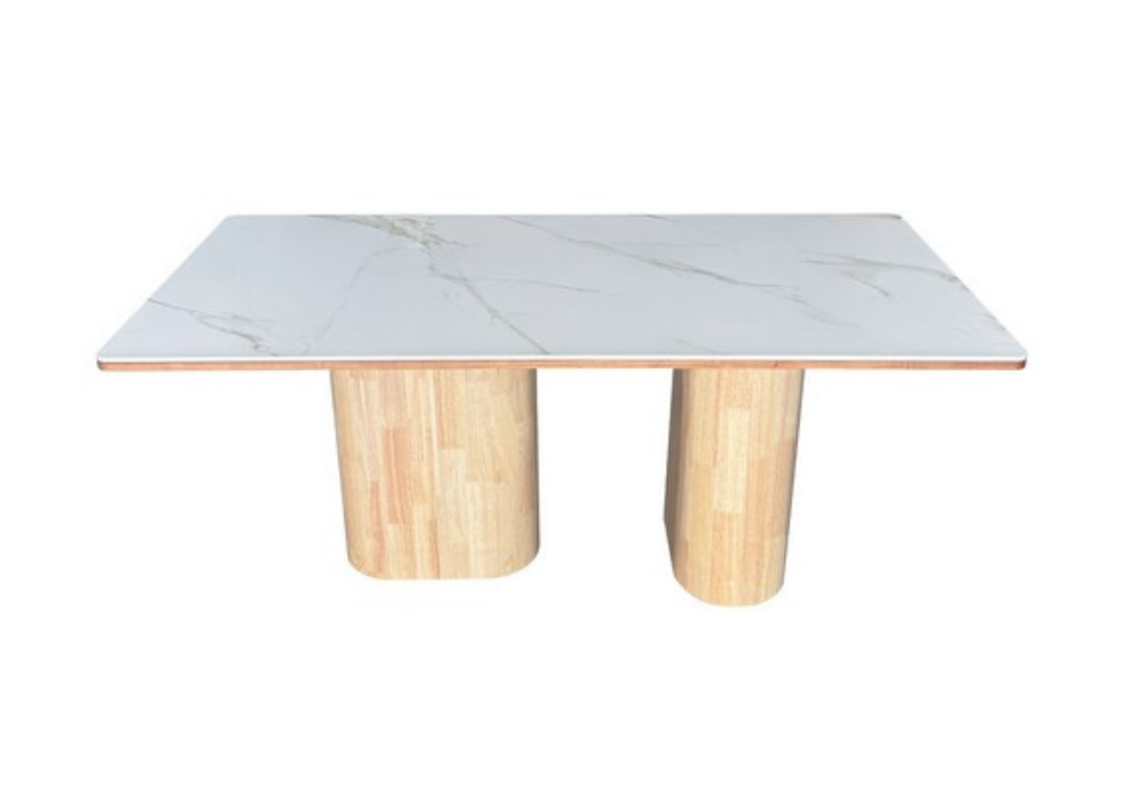 Coffee table with marble top and wooden legs on a white background