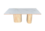 Coffee table with marble top and wooden legs on a white background