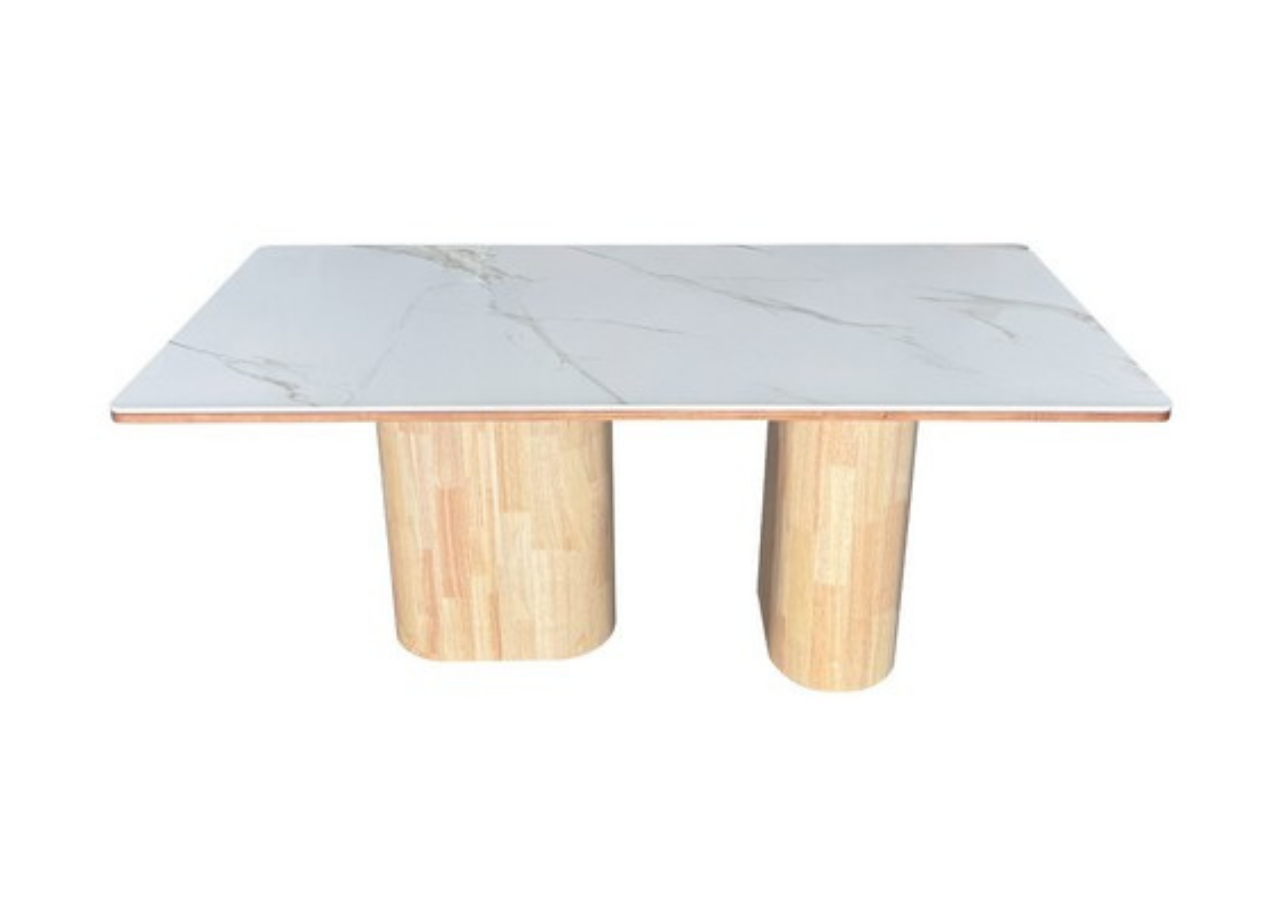 Coffee table with marble top and wooden legs on a white background