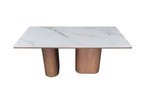 Coffee table with marble top and wooden legs on a white background