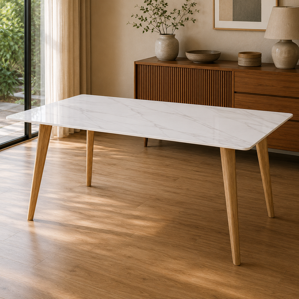 Dining table with marble-like surface and wooden legs in a room with wooden floor and furniture.
