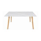 White rectangular table with wooden legs on a white background