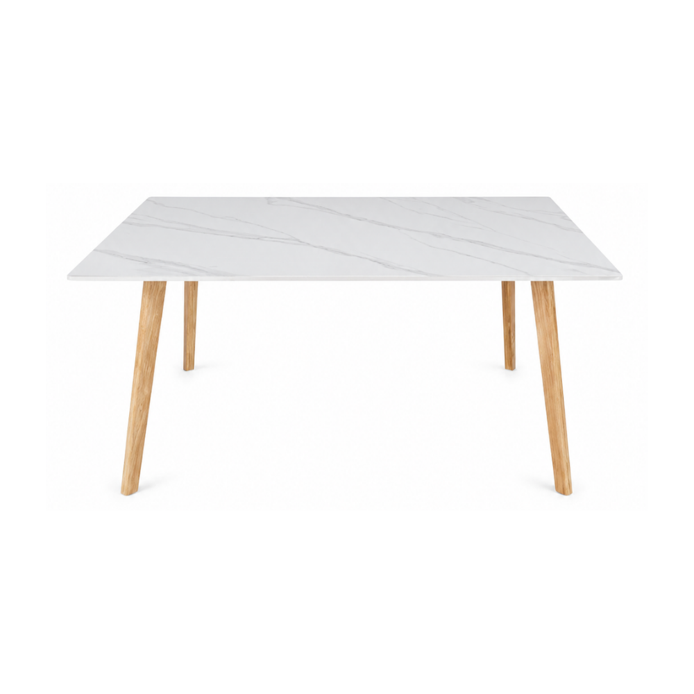 White rectangular table with wooden legs on a white background