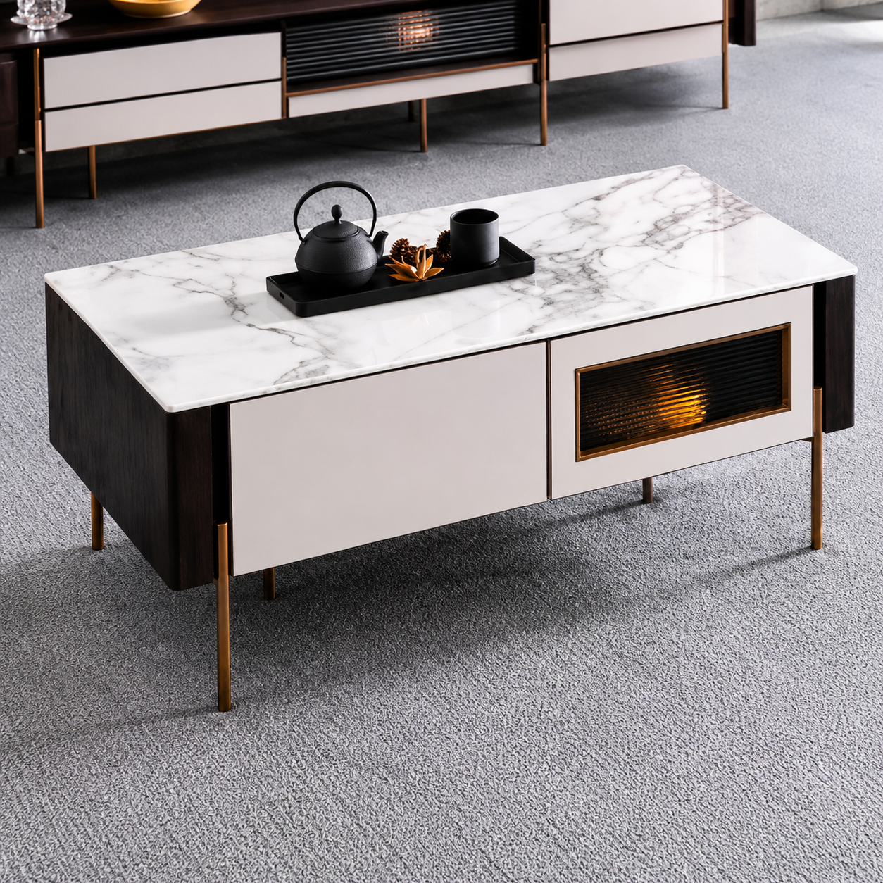 Modern coffee table with marble-like top and decorative items on a gray carpeted floor.