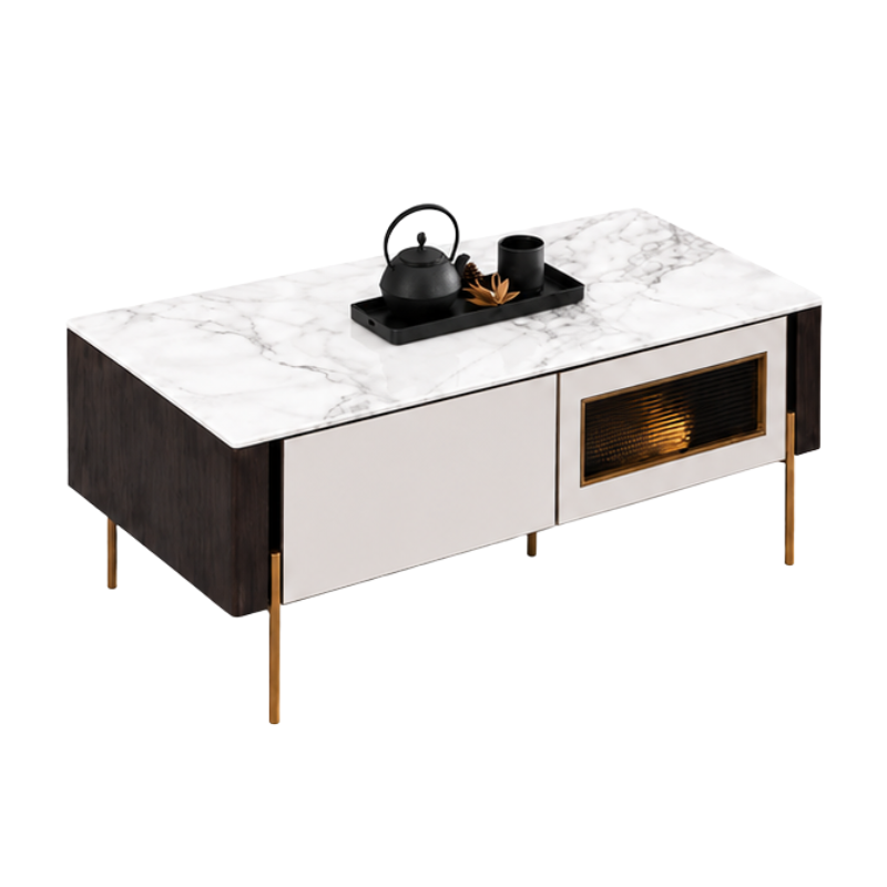 A modern media console table with a white marble-patterned top, dark wood side panels, cream front cabinets, and slim gold legs. A black teapot and cup set are placed on top, shown against a plain white background.