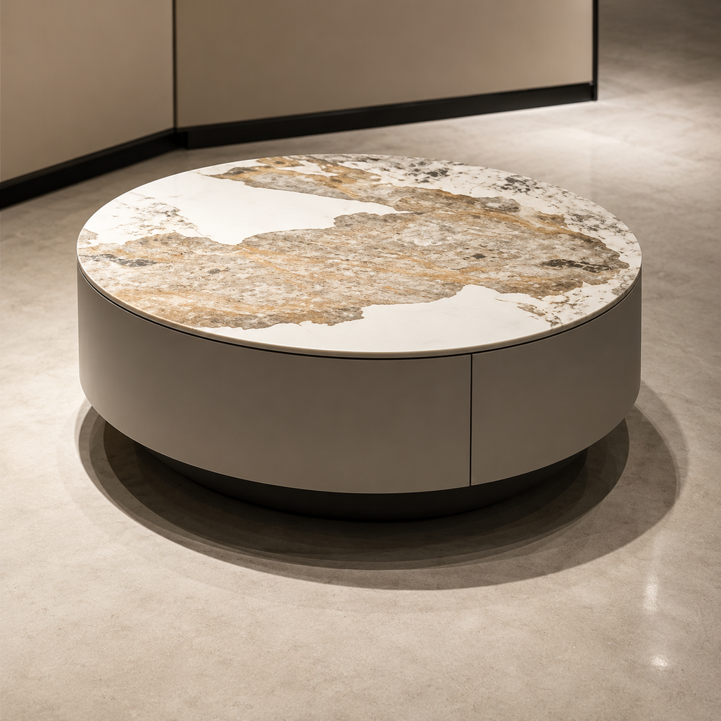 Round coffee table with marble top and beige base in a room setting