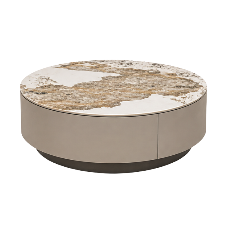A modern round coffee table with a circular beige and brown marble top and a low, cylindrical beige base on a plain white background.