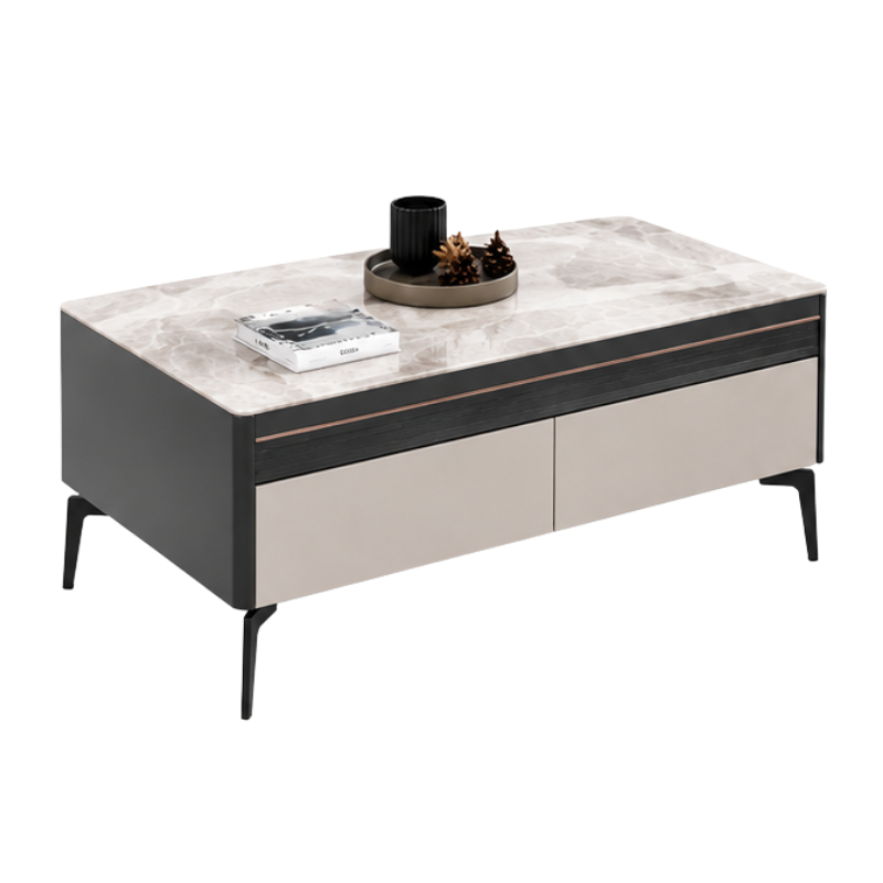 A modern rectangular coffee table with a light gray marble-patterned top, a dark charcoal side panel, and two large beige drawer fronts separated by a thin metallic trim. The table is shown on a plain white background with decorative objects on top.