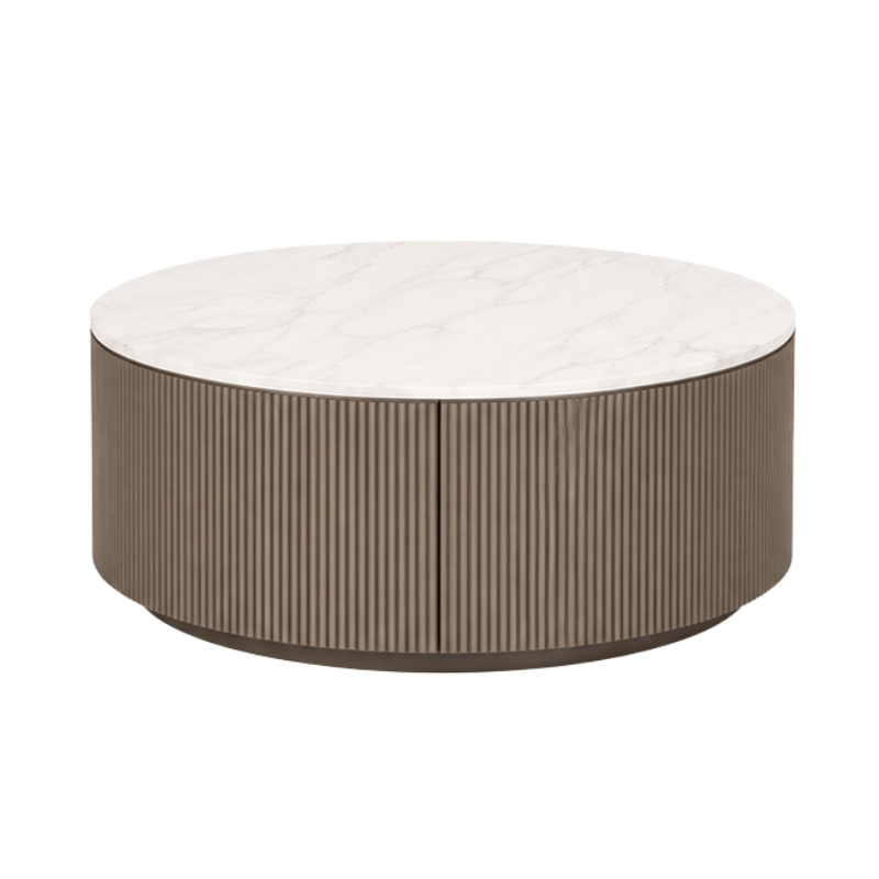 A round coffee table with a white marble top and a fluted metallic bronze-brown base, shown on a plain white background.