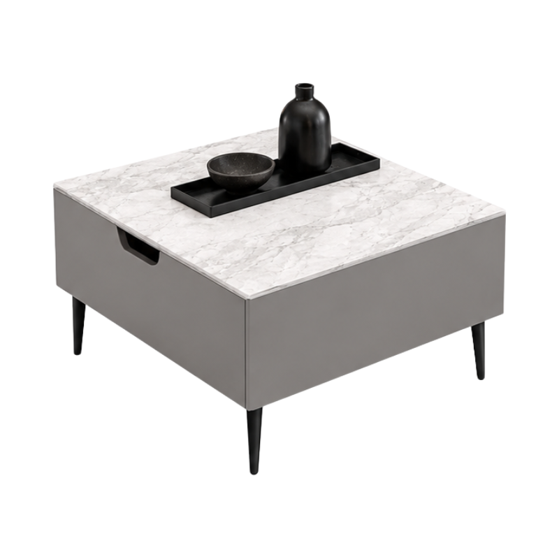 A modern square coffee table with a light gray and white marble top, a matte gray body, and tapered black legs. A black tray with a black bottle and bowl is placed on top of the table against a plain white background.