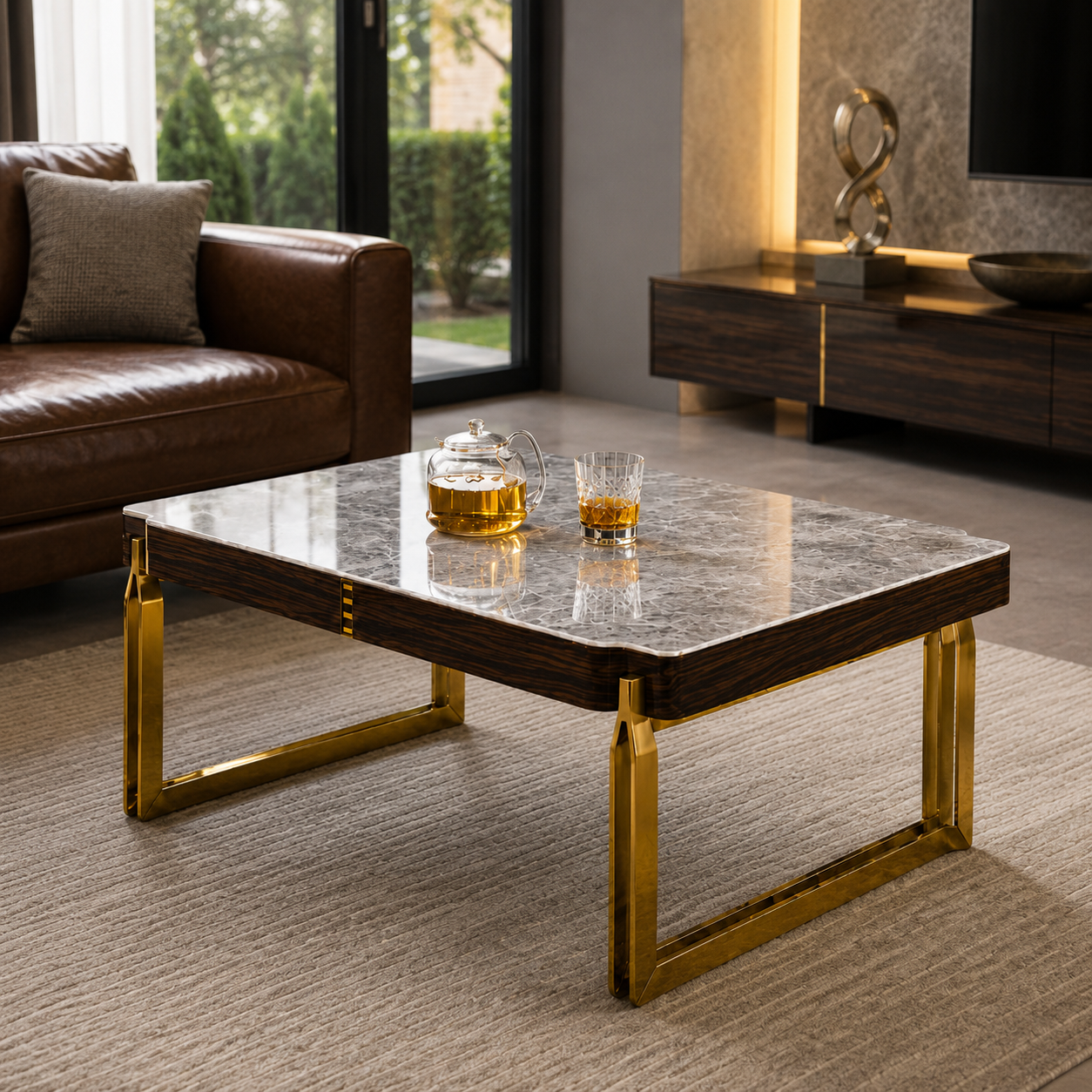 Modern living room with a marble coffee table, brown sofa, and decorative items.