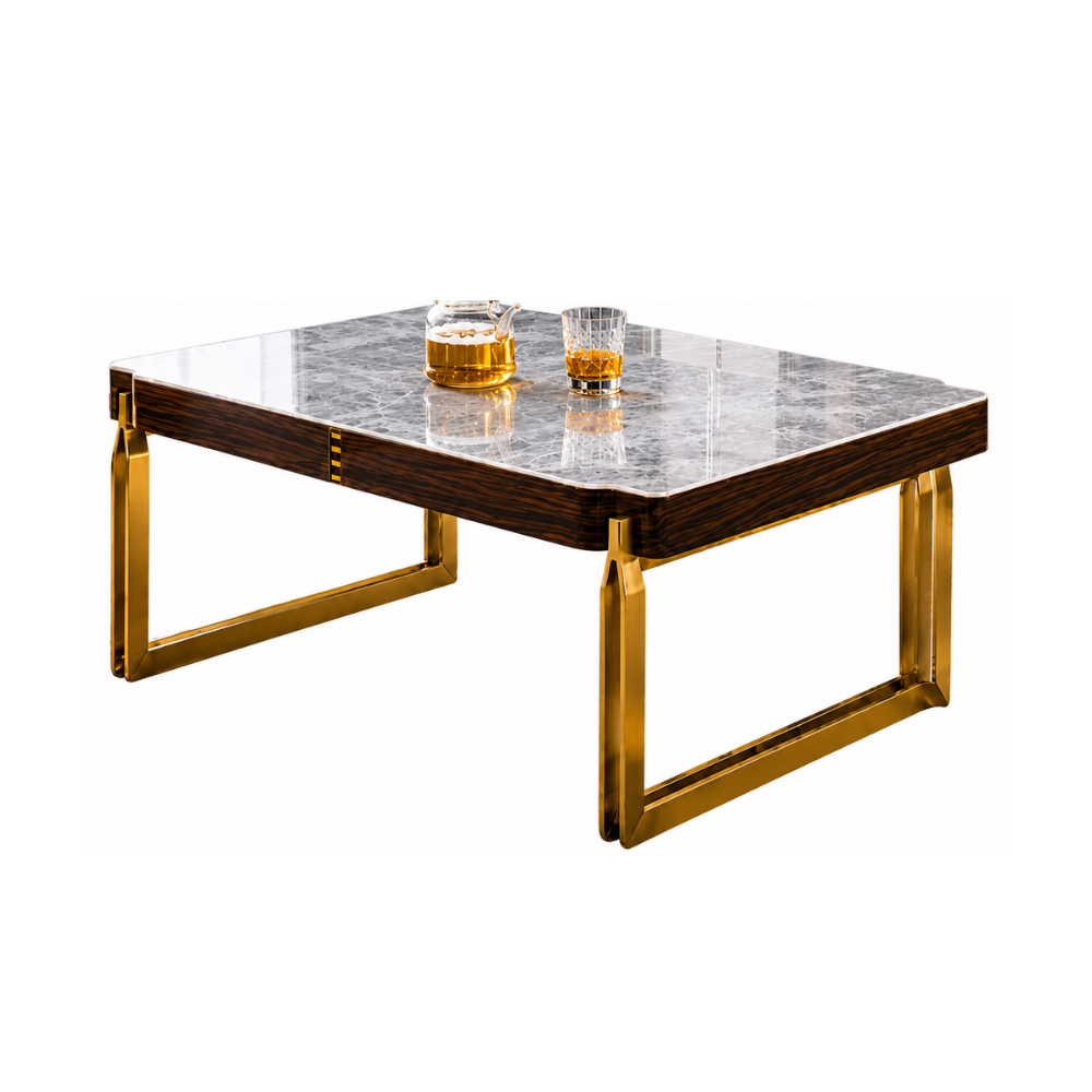 Coffee table with marble top and gold frame on a white background