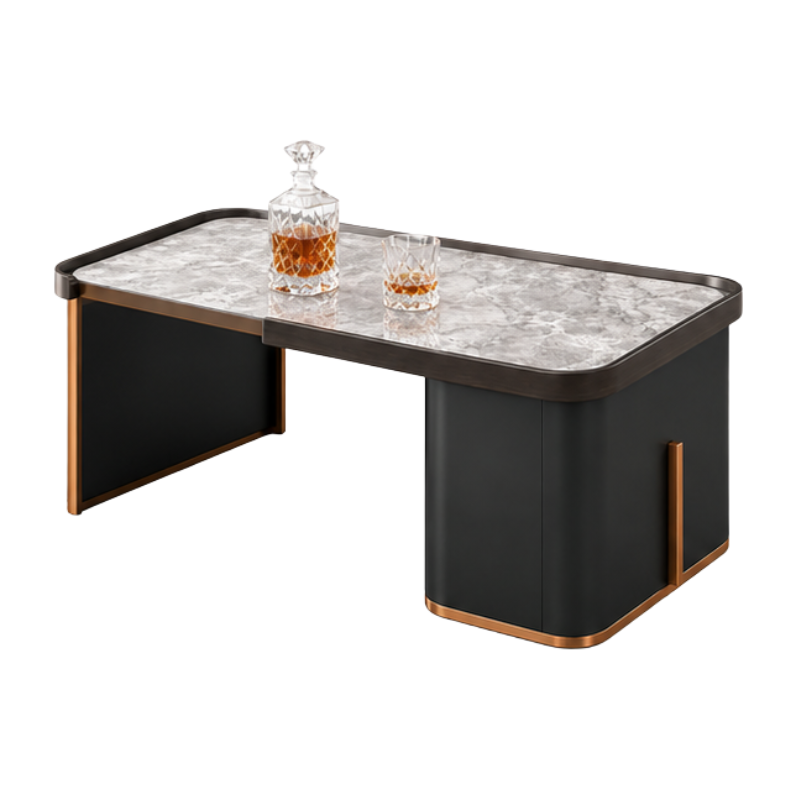 A modern rectangular bar table with a gray marble-patterned top, black side panels, and copper-toned metal trim, shown on a plain white background with two glass decant glasses on top.