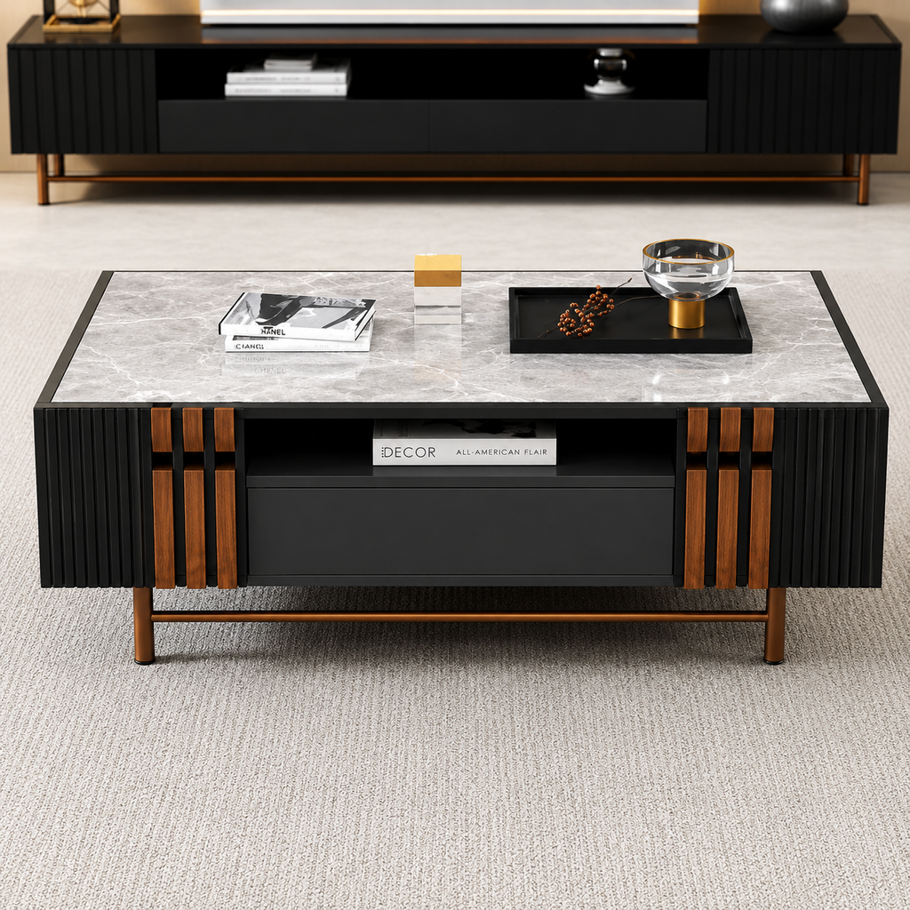 Modern coffee table with marble top and wooden accents in a living room setting.