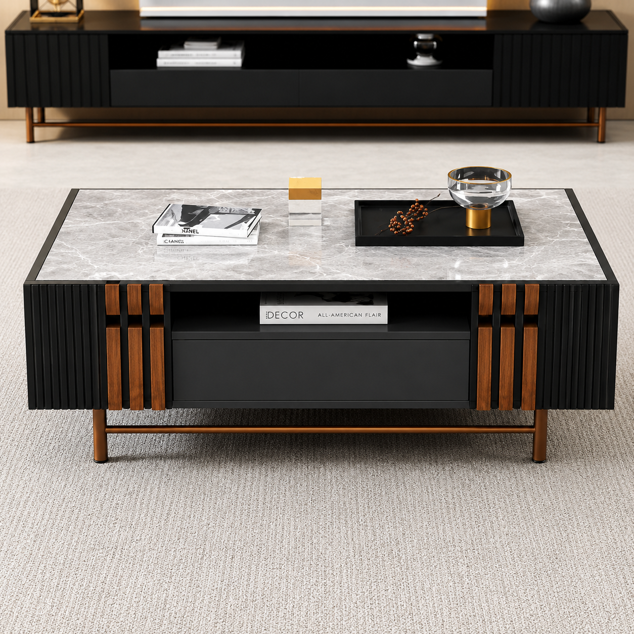 Modern coffee table with marble top and wooden accents in a living room setting.