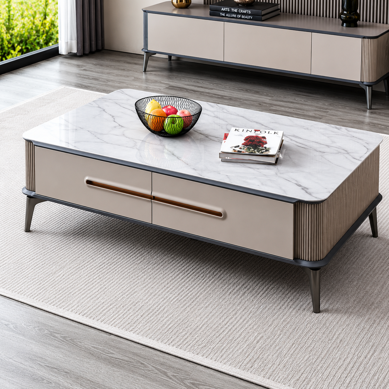 Modern coffee table with marble top and wooden drawers in a living room setting.