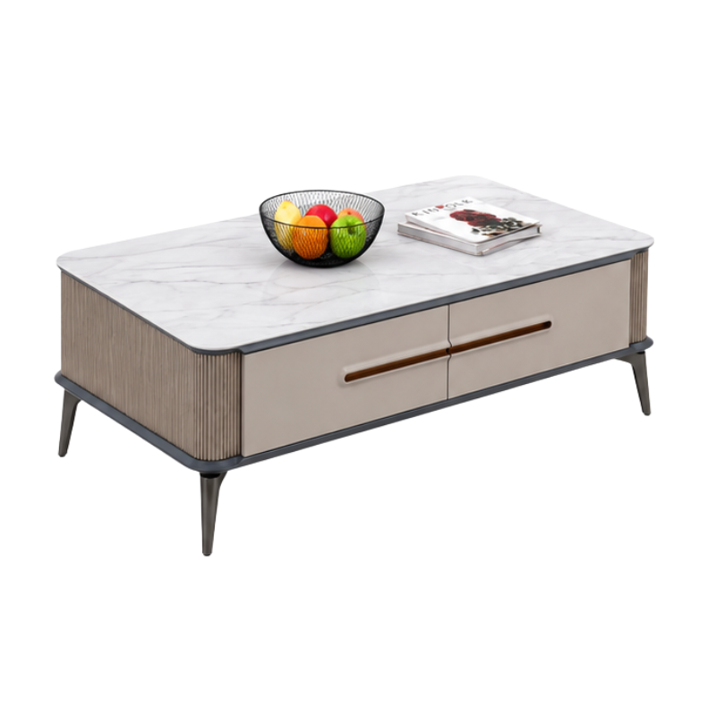 A modern rectangular coffee table with a white marble-patterned top, beige drawer fronts, ribbed wood side panels, and dark gray legs, shown on a plain white background with a fruit bowl and magazine as props.