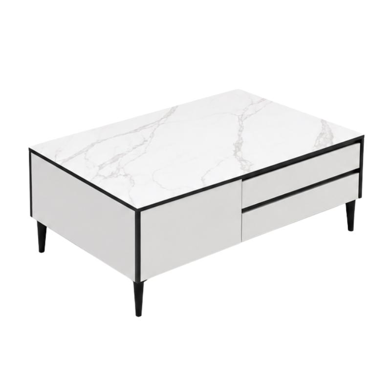 A modern rectangular coffee table with a white marble-patterned top, white side panels, two front drawers with black handles, and slim black legs, shown on a plain white background.