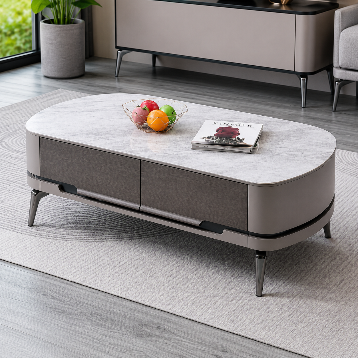 Oval coffee table with marble top and storage drawers in a living room setting.
