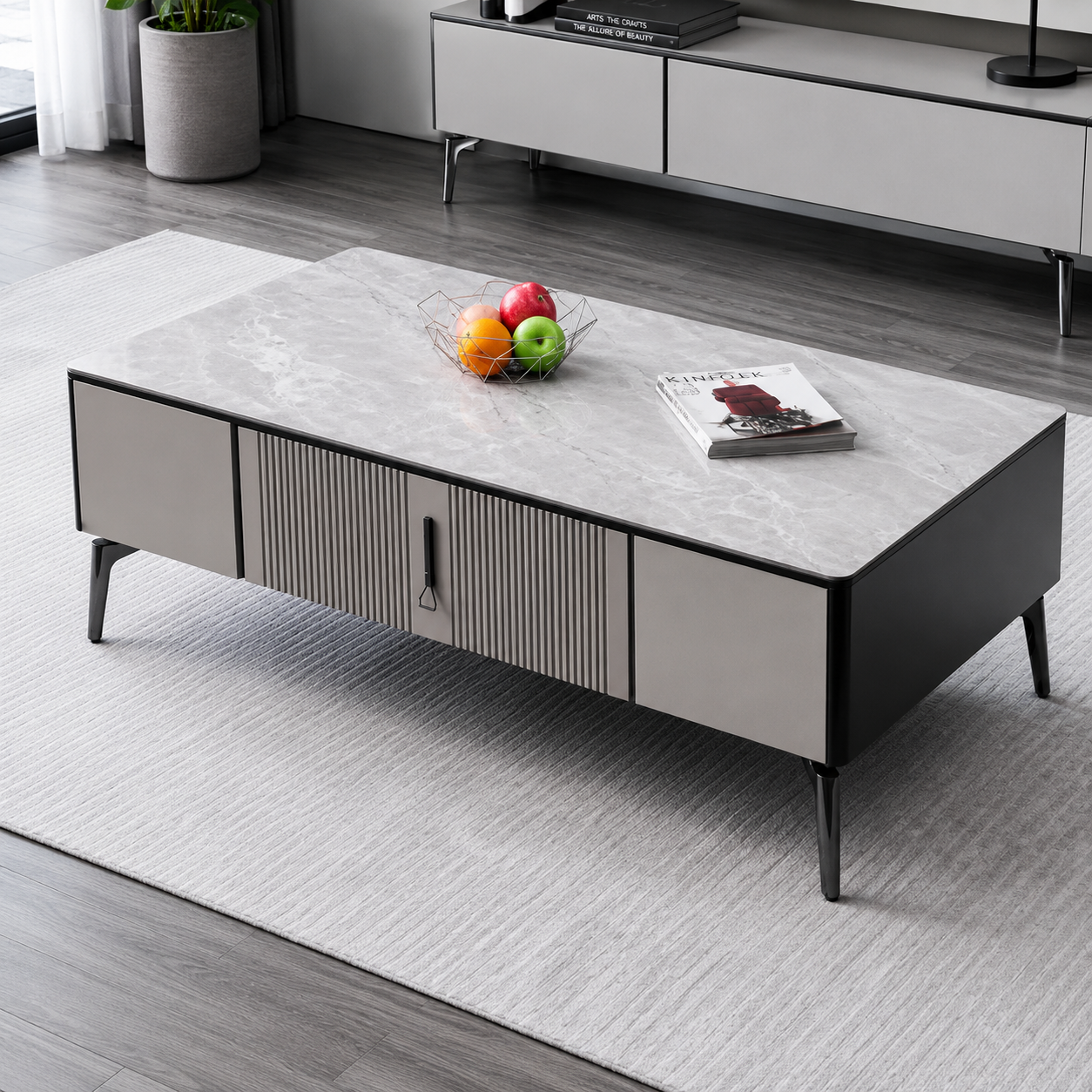 Modern coffee table with fruit and magazine in a living room setting