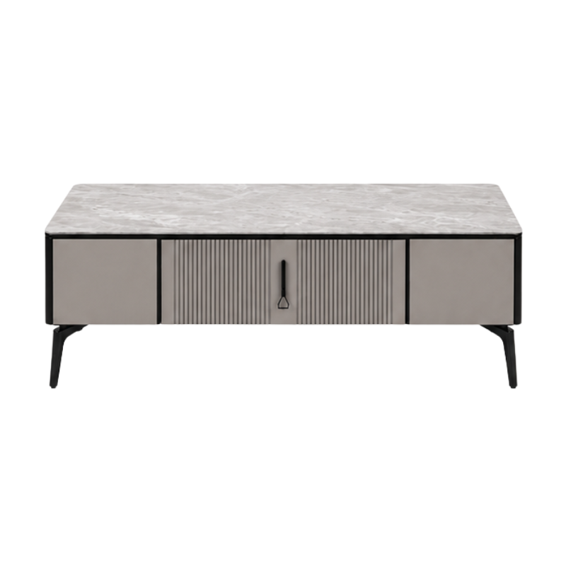 A modern rectangular coffee table with a gray marble-look top, a central ribbed door, and two flanking doors in a warm gray finish, supported by slim black legs.