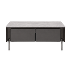A modern rectangular coffee table with a light gray marble top, dark gray front panels, and slim metal legs, shown against a plain white background.