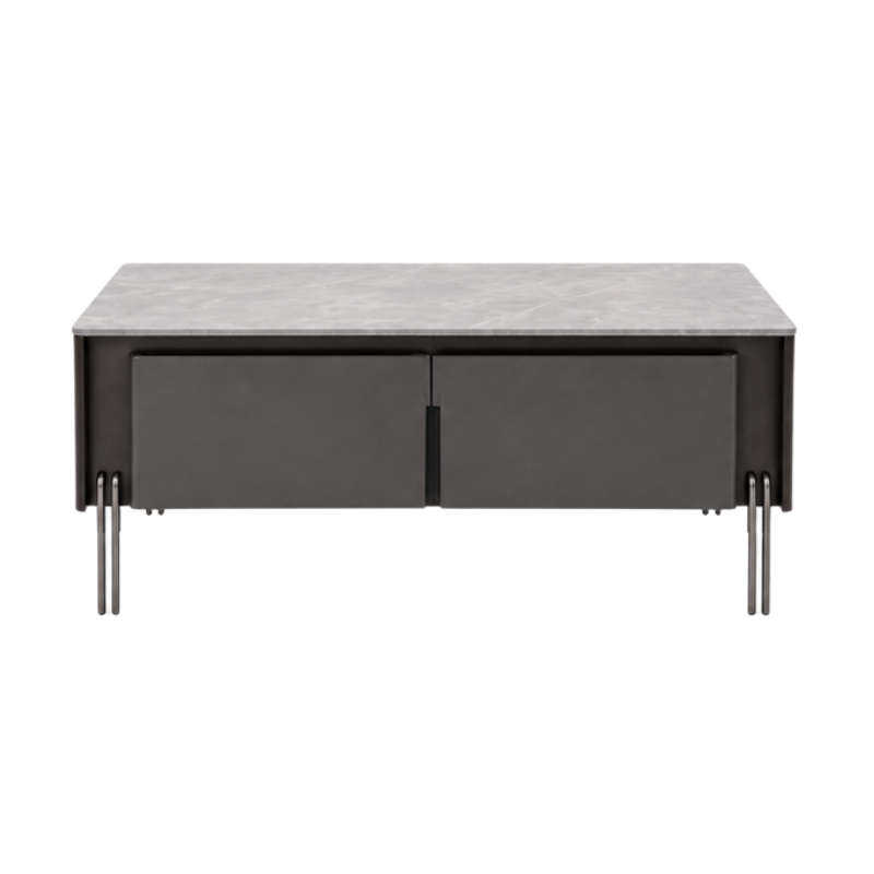 A modern rectangular coffee table with a light gray marble top, dark gray front panels, and slim metal legs, shown against a plain white background.