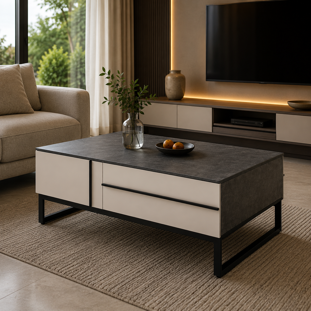 Modern living room with a coffee table, sofa, and TV.