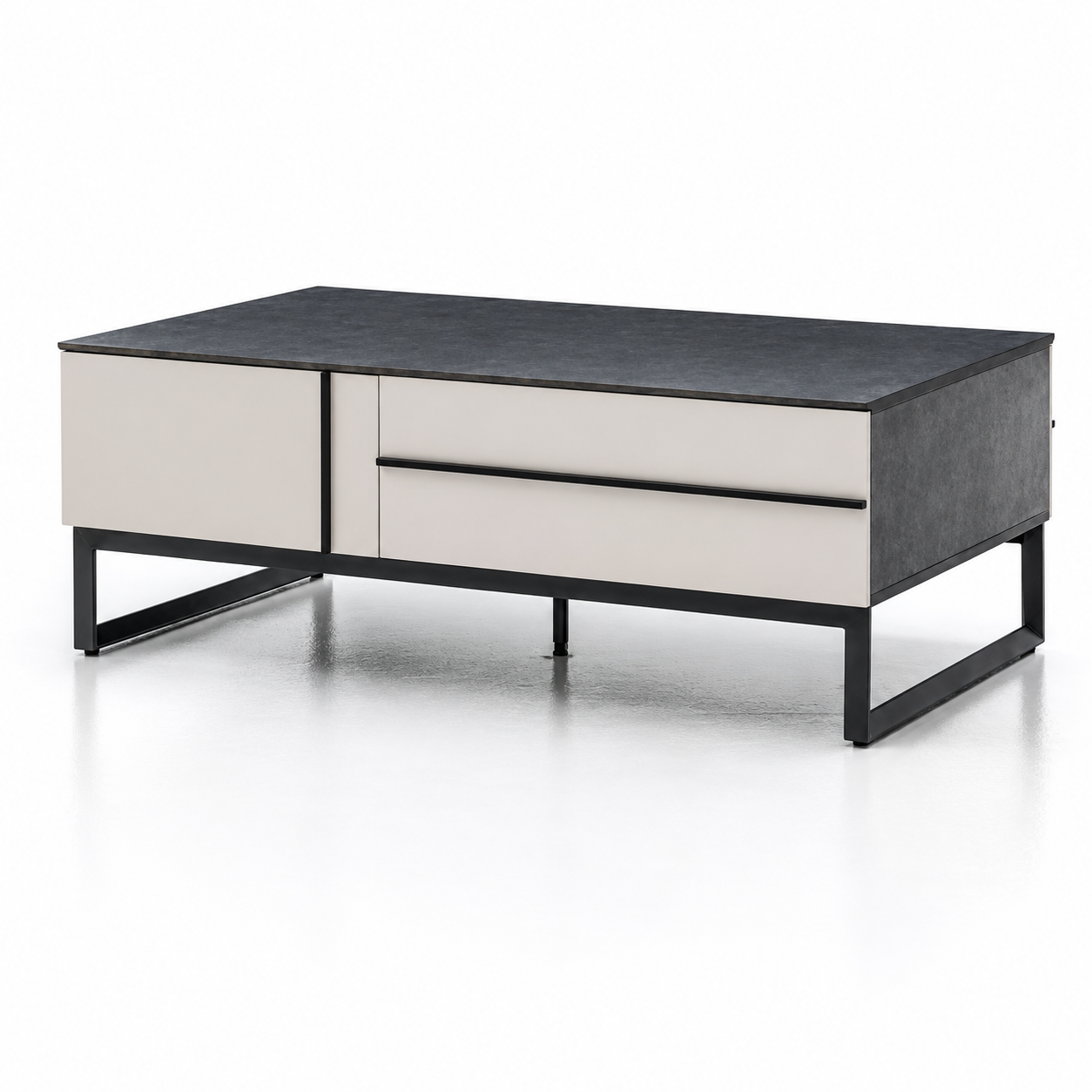 Coffee table with black top and white sides on a white background