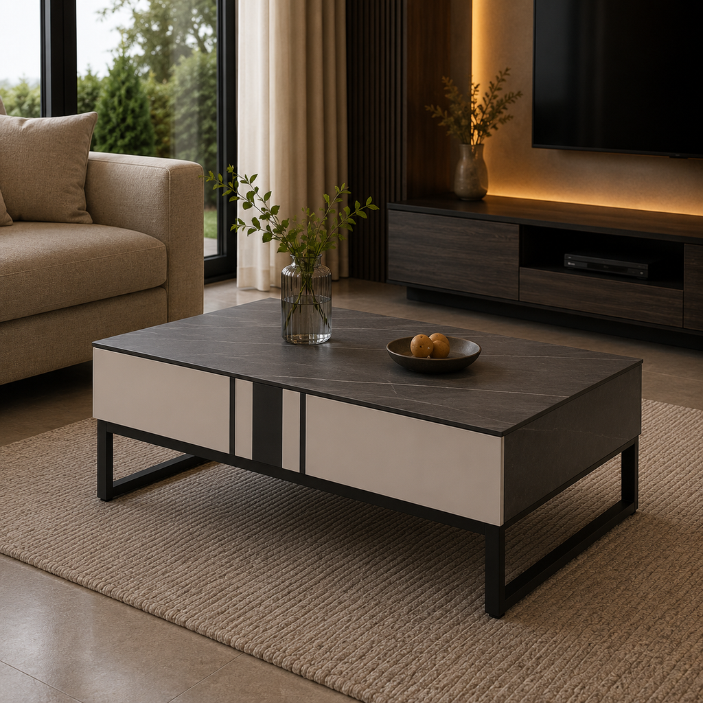 Modern living room with a coffee table, sofa, and TV.