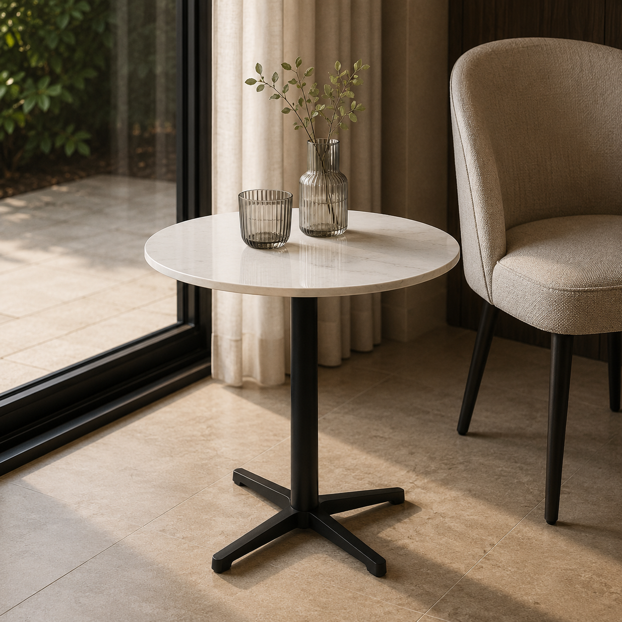 Round marble table with black base next to a beige armchair in a room with large windows.