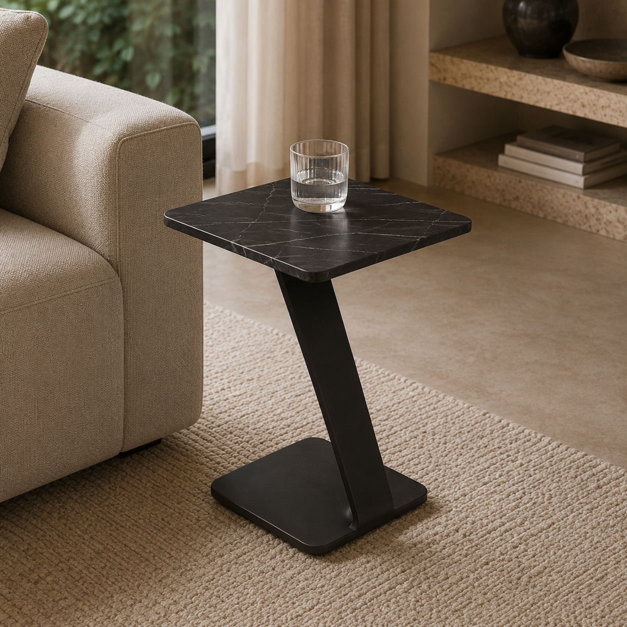 Black side table with a glass of water in a living room setting