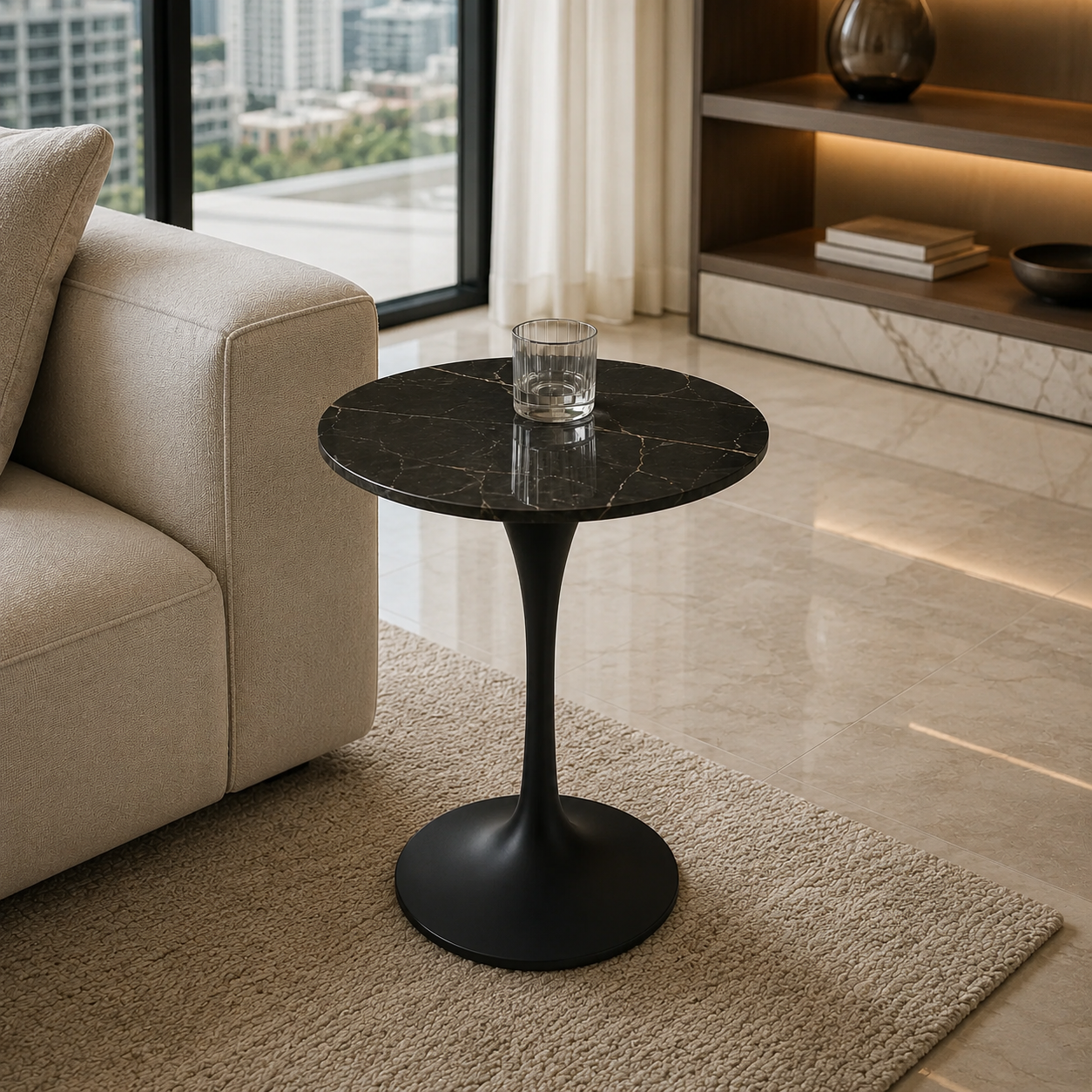 A modern black marble-top side table with a matte black pedestal base, styled in a contemporary living room next to a beige sofa.