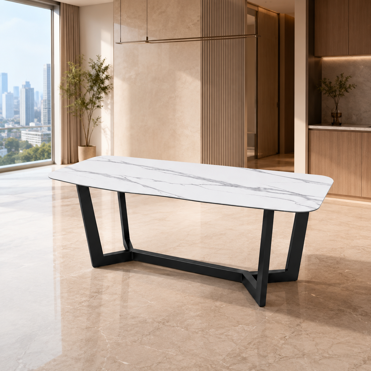 A modern rectangular dining table with a white marble-look top and black metal legs, shown in a bright contemporary interior with beige stone floors and wood slat walls.