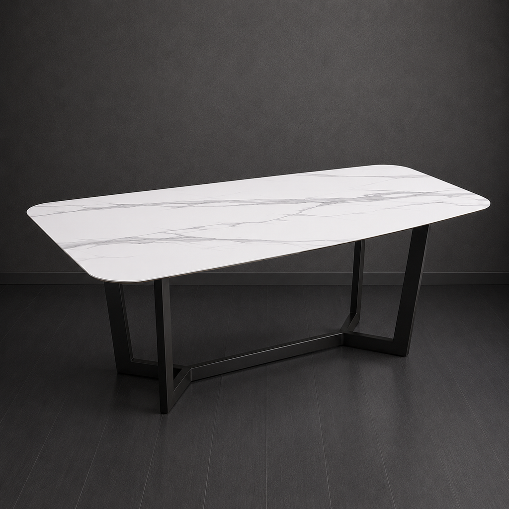 Marble-patterned table with black legs on a dark gray background