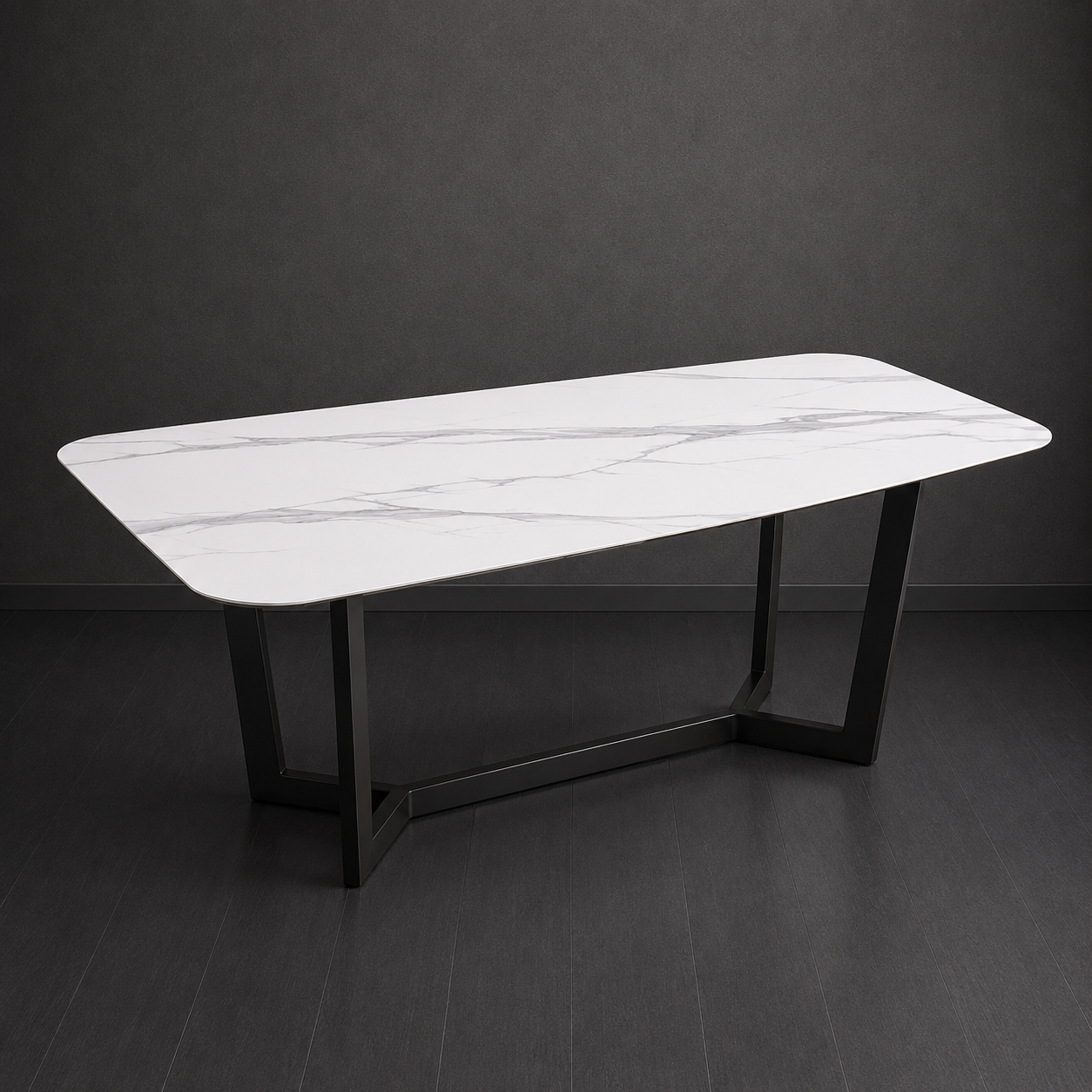 Marble-patterned table with black legs on a dark gray background