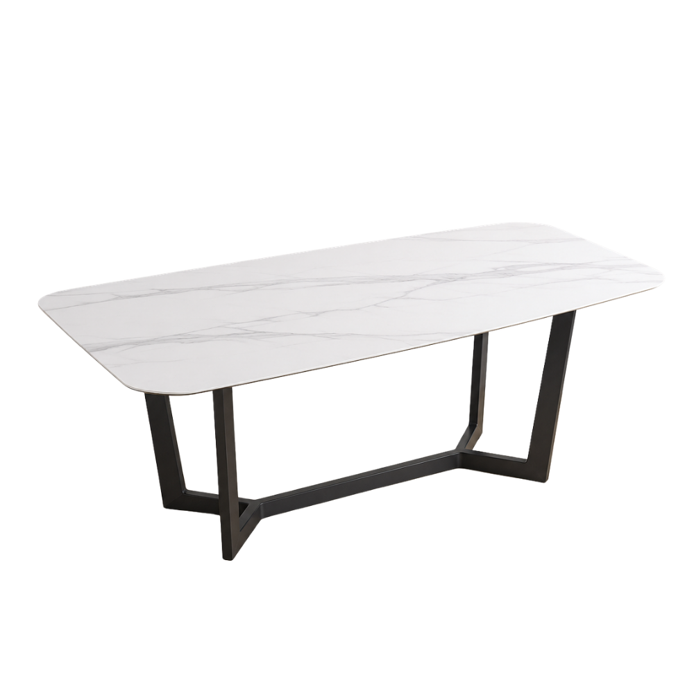 White dining table with black metal legs on a white background