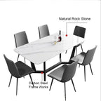 Dining table set with chairs labeled 'Natural Rock Stone' and 'Carbon Steel Frame Works'.