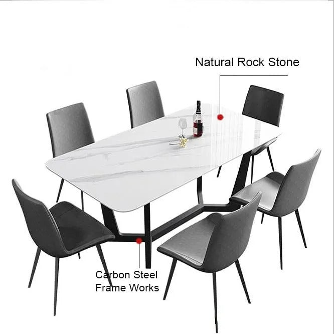 Dining table set with chairs labeled 'Natural Rock Stone' and 'Carbon Steel Frame Works'.