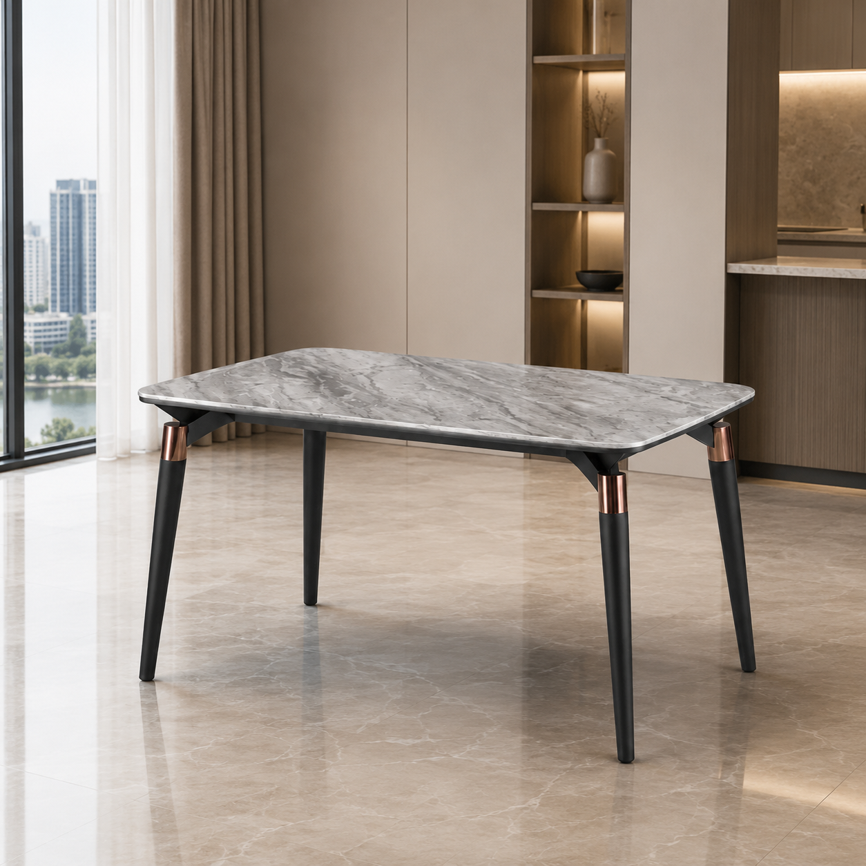 A modern rectangular dining table with a gray marble-patterned top and slim black legs accented by rose gold metal details, set in a contemporary minimalist dining room.