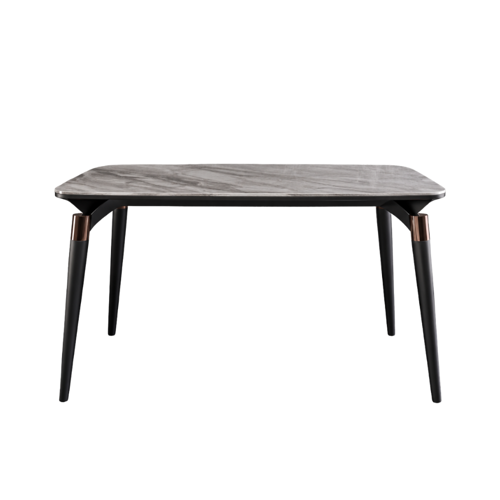 Dining table with marble-like top and black legs on a white background