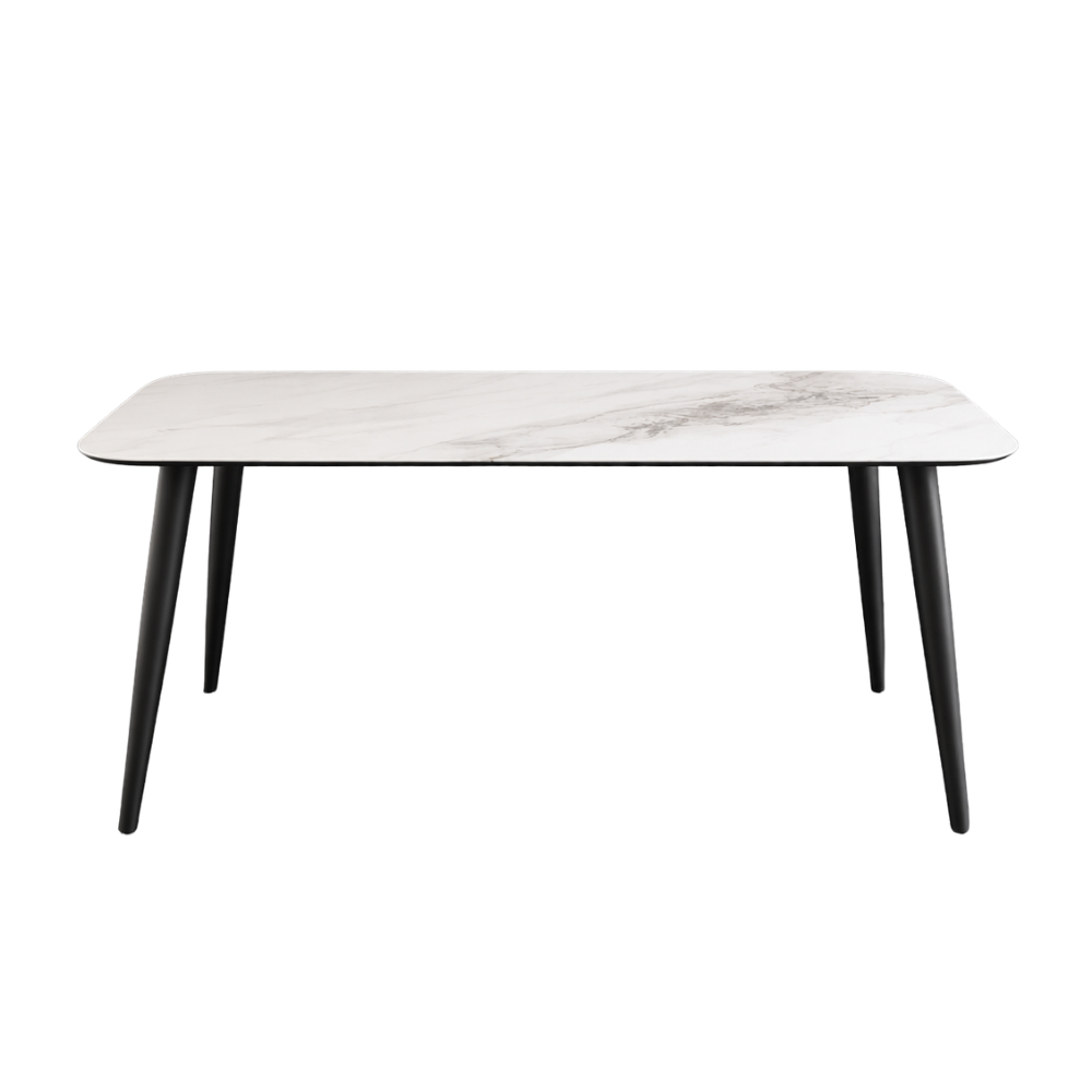 Coffee table with marble-like top and black legs on a white background