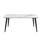 Coffee table with marble-like top and black legs on a white background