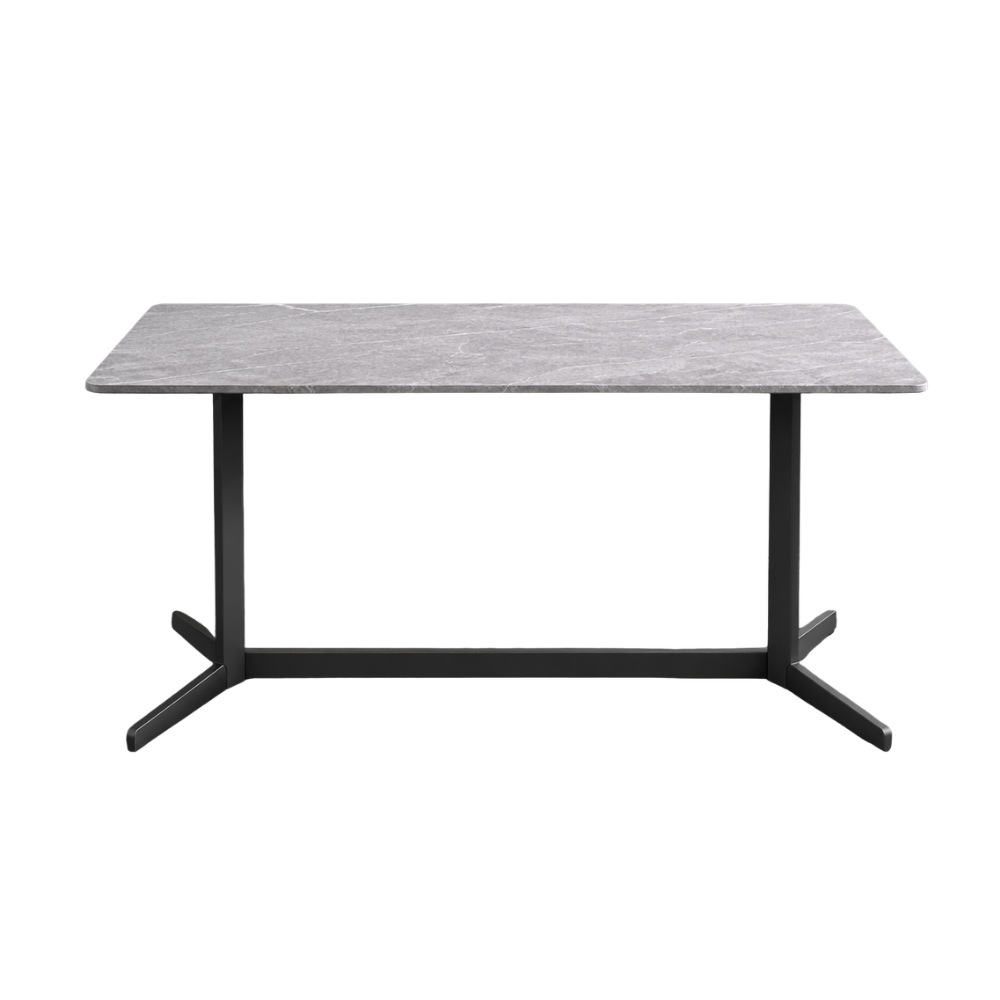Rectangular table with a gray surface and black metal legs on a white background