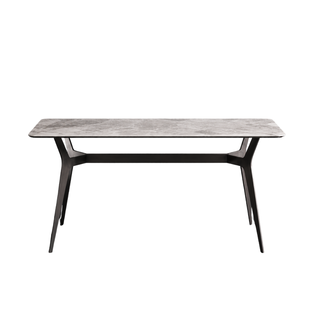 Rectangular dining table with marble top and black metal legs on a white background