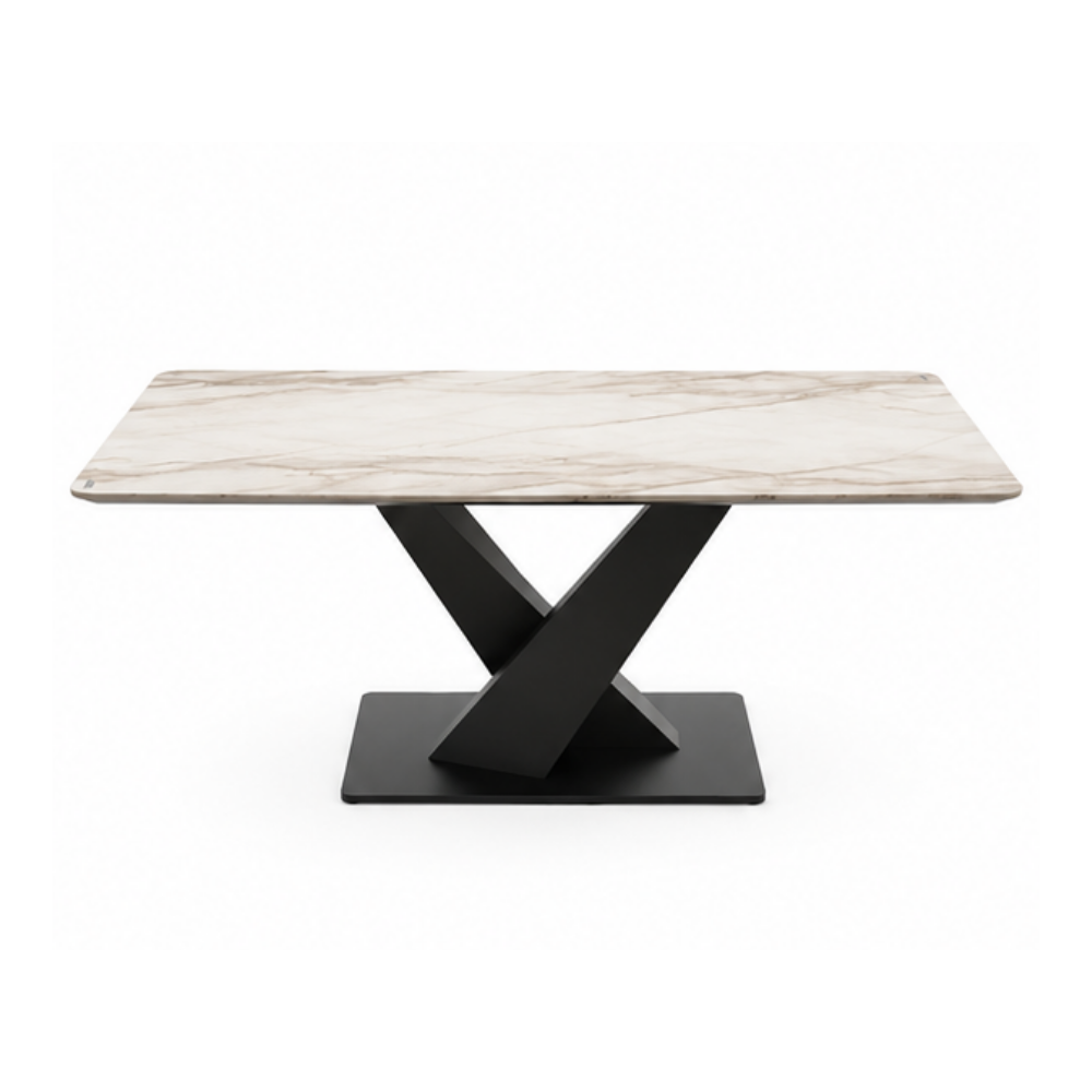 Dining table with marble top and black metal base on a white background