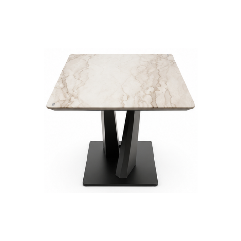 Table with marble-like top and black base on a white background