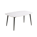 White dining table with black legs on a white background